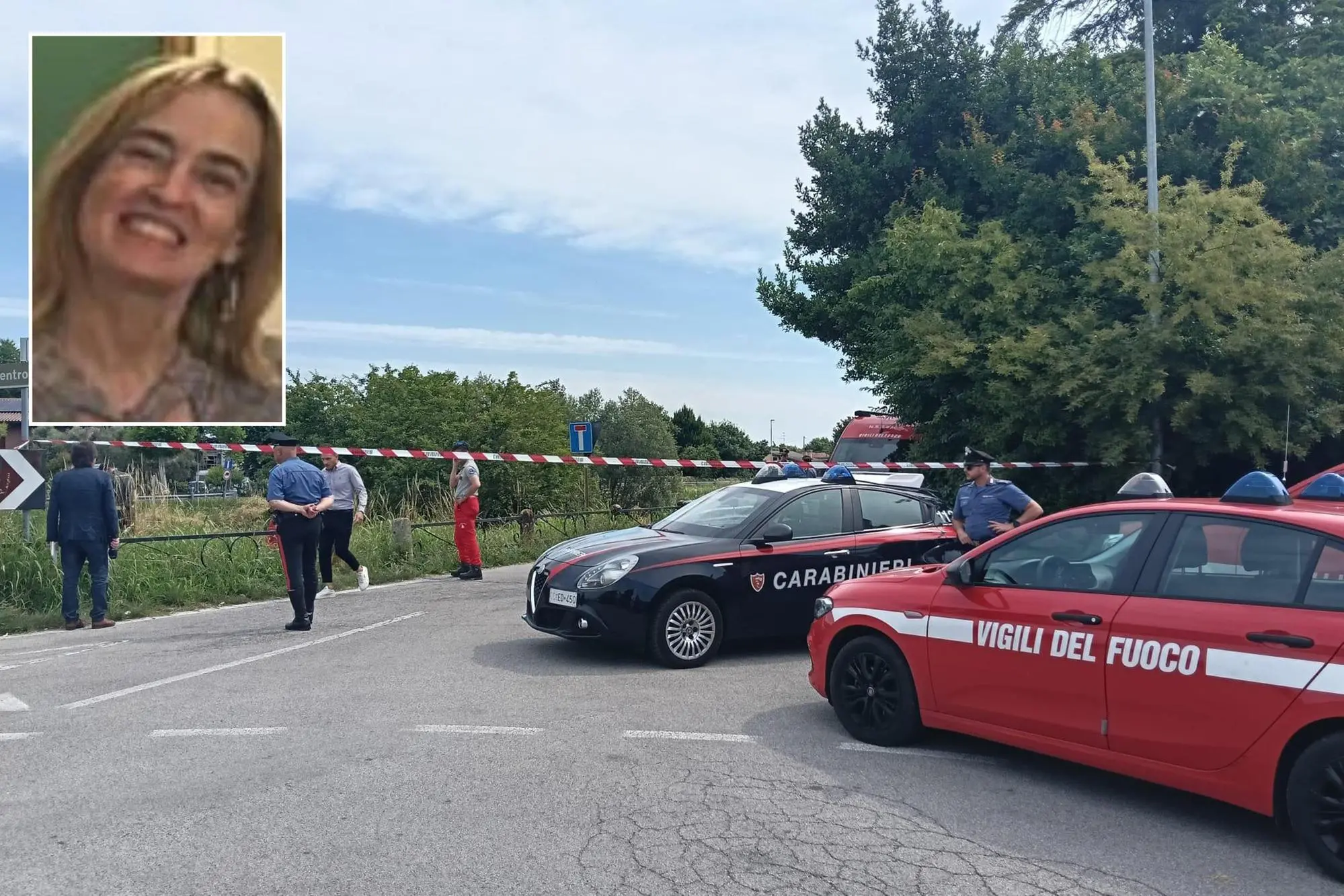 Combo di una foto di Chiara Guerra, uccisa dal nipote, sul luogo delle ricerche a San Stino di Livenza, Venezia, 14 giugno 2026. ANSA/ANTONELLA GASPARINI