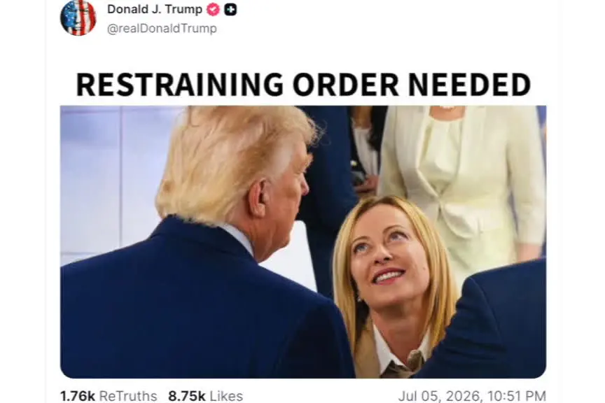 Trump su Truth pubblica meme con Meloni: "Serve ordine restrittivo"