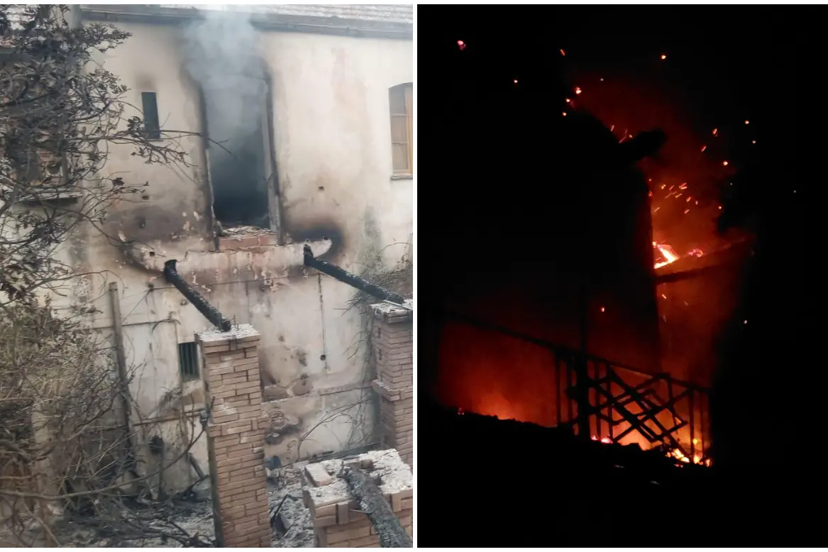 La casa distrutta a San Gregorio, a destra focolai attivi (foto L'Unione Sarda)