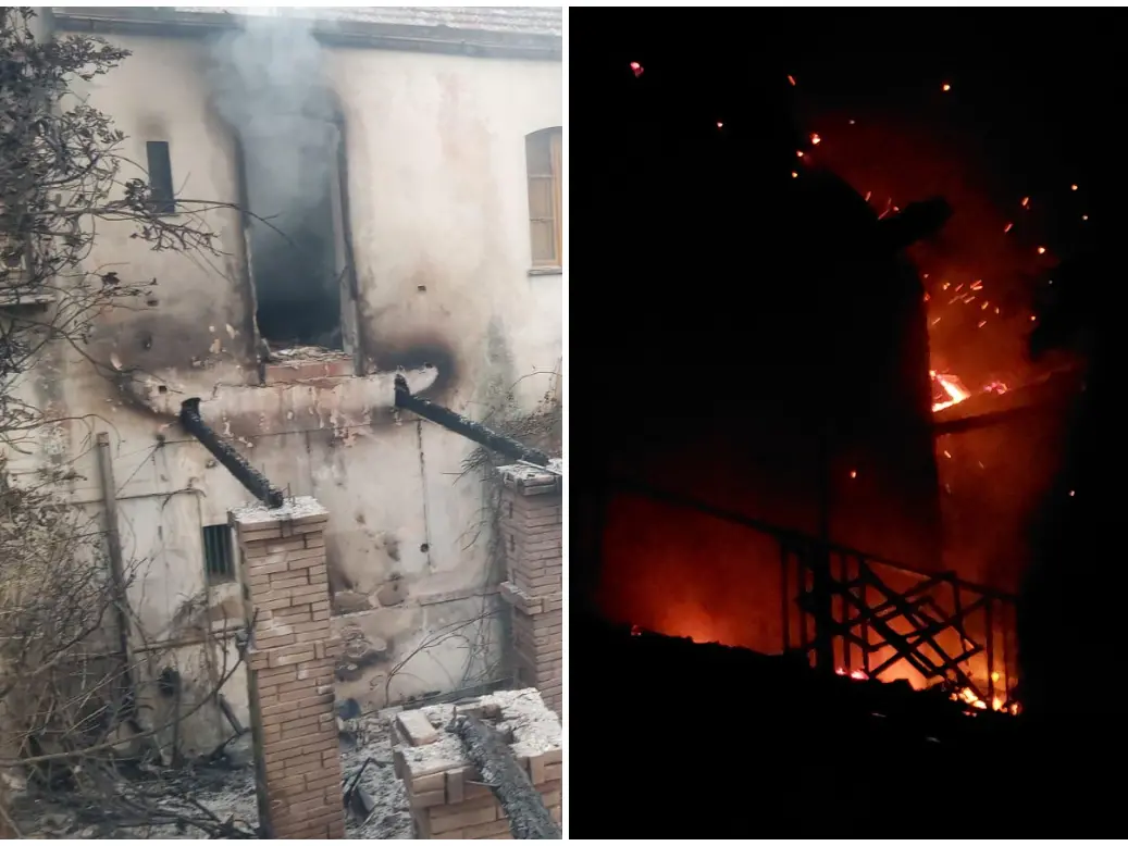 La casa distrutta a San Gregorio, a destra focolai attivi (foto L'Unione Sarda)