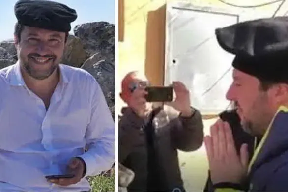 A destra Salvini ad Alghero riceve in regalo un copricapo tipico. A sinistra, la nuova foto