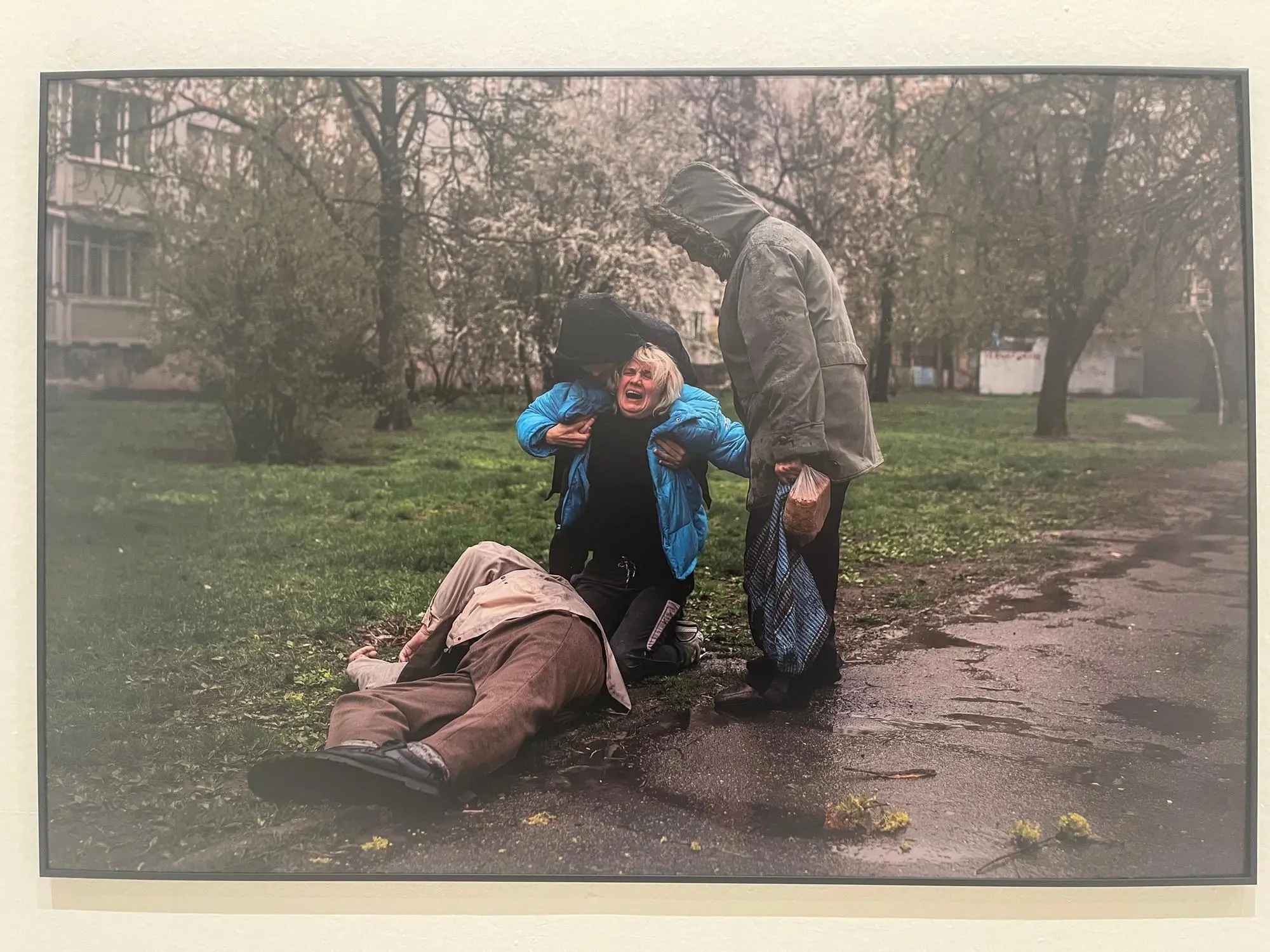 Riproduzione di un'altra foto che rappresenta lo strazio di una giovane che ha perso il padre in un bombardamento russo (foto V.Pinna)