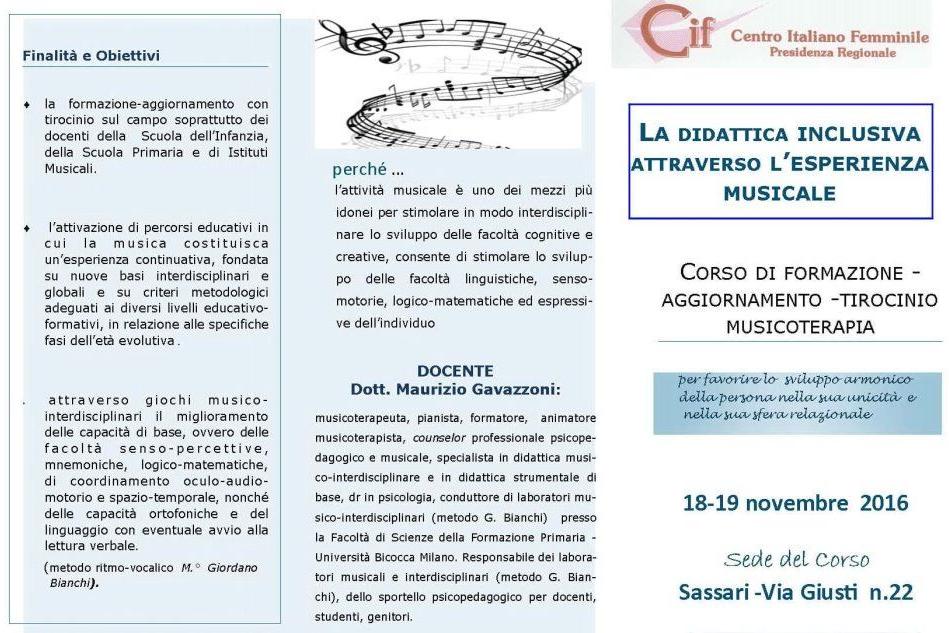 Sassari: corso di musicoterapia nei locali del CIF in via Giusti