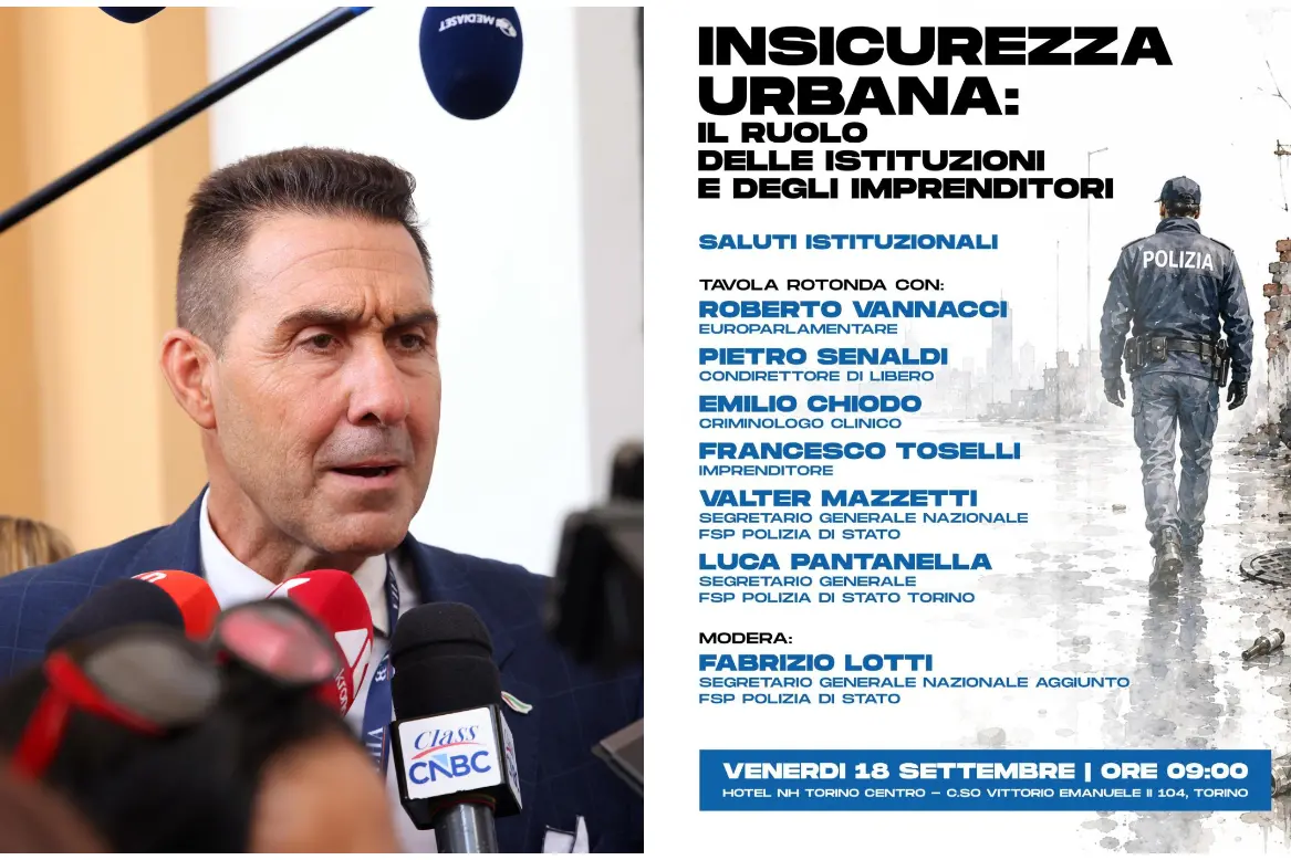 Roberto Vannacci (Ansa), a destra la locandina del convegno