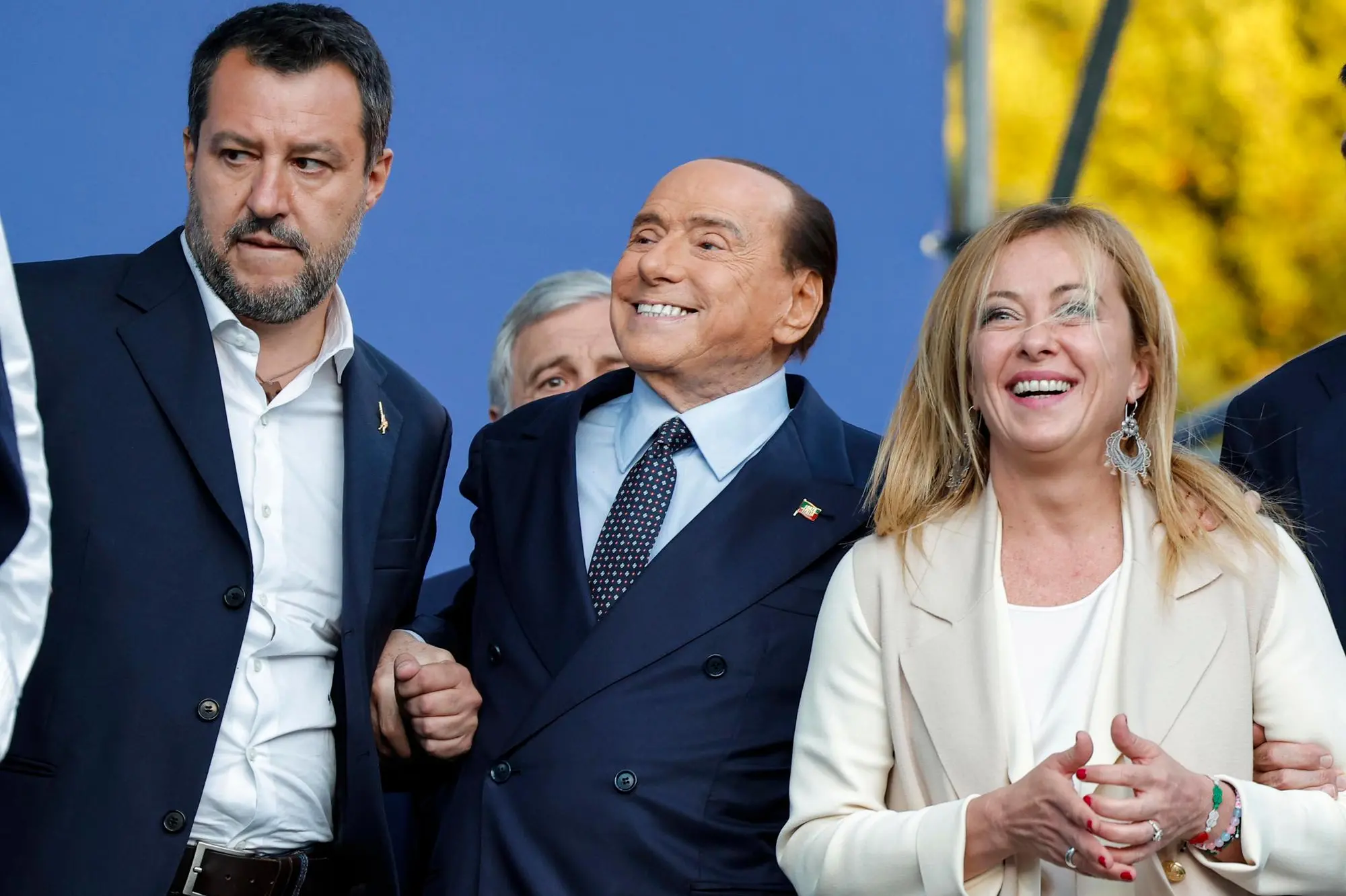 (L-R) Federal secretary of Italian party Lega Nord Matteo Salvini, and president of Italian party 'Forza Italia' Silvio Berlusconi and leader of Italian party Fratelli dÂ?Italia (Brothers of Italy) Giorgia Meloni attend the center-right closing rally of the campaign for the general elections at Piazza del Popolo, in Rome, Italy, 22 September 2022. ANSA/GIUSEPPE LAMI