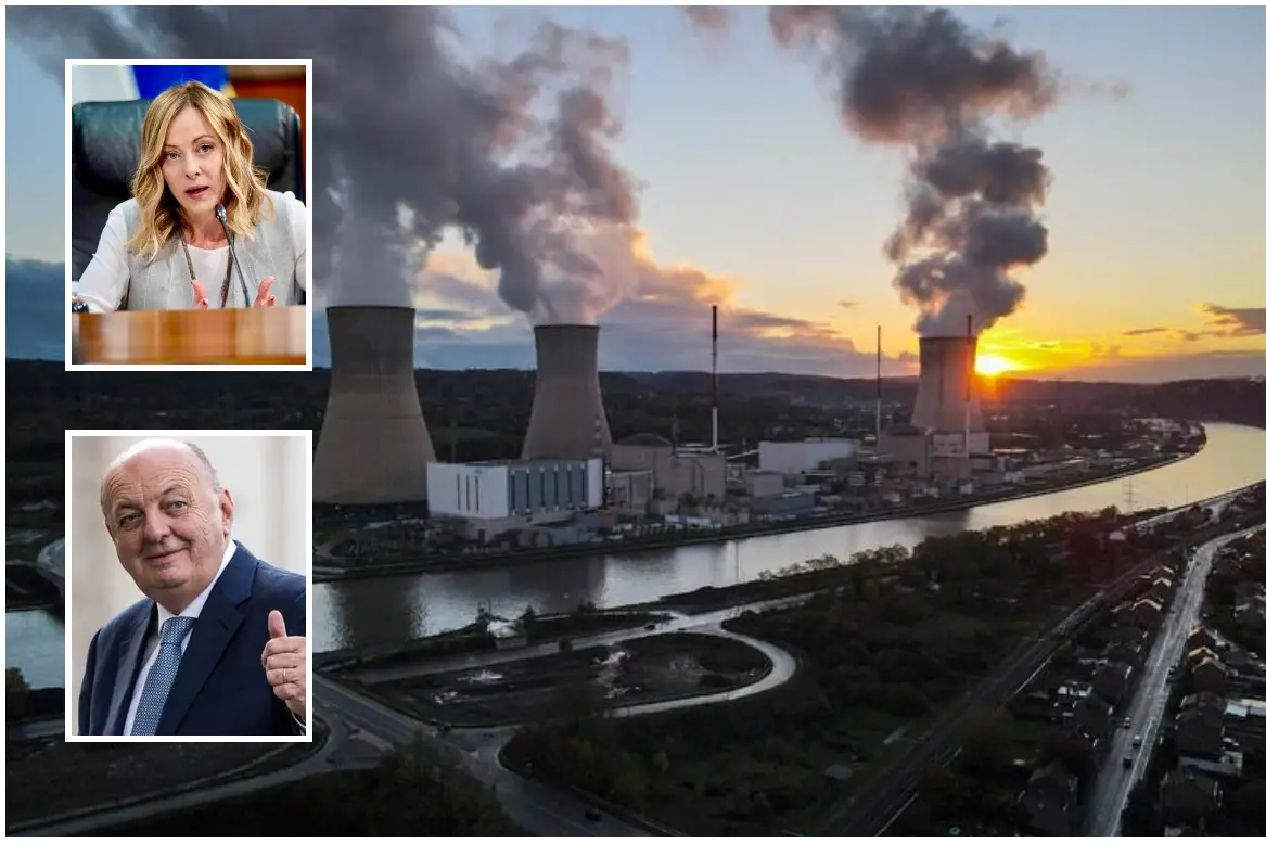 Una centrale nuleare, nei riquadri Meloni e Pichetto Fratin (Ansa)