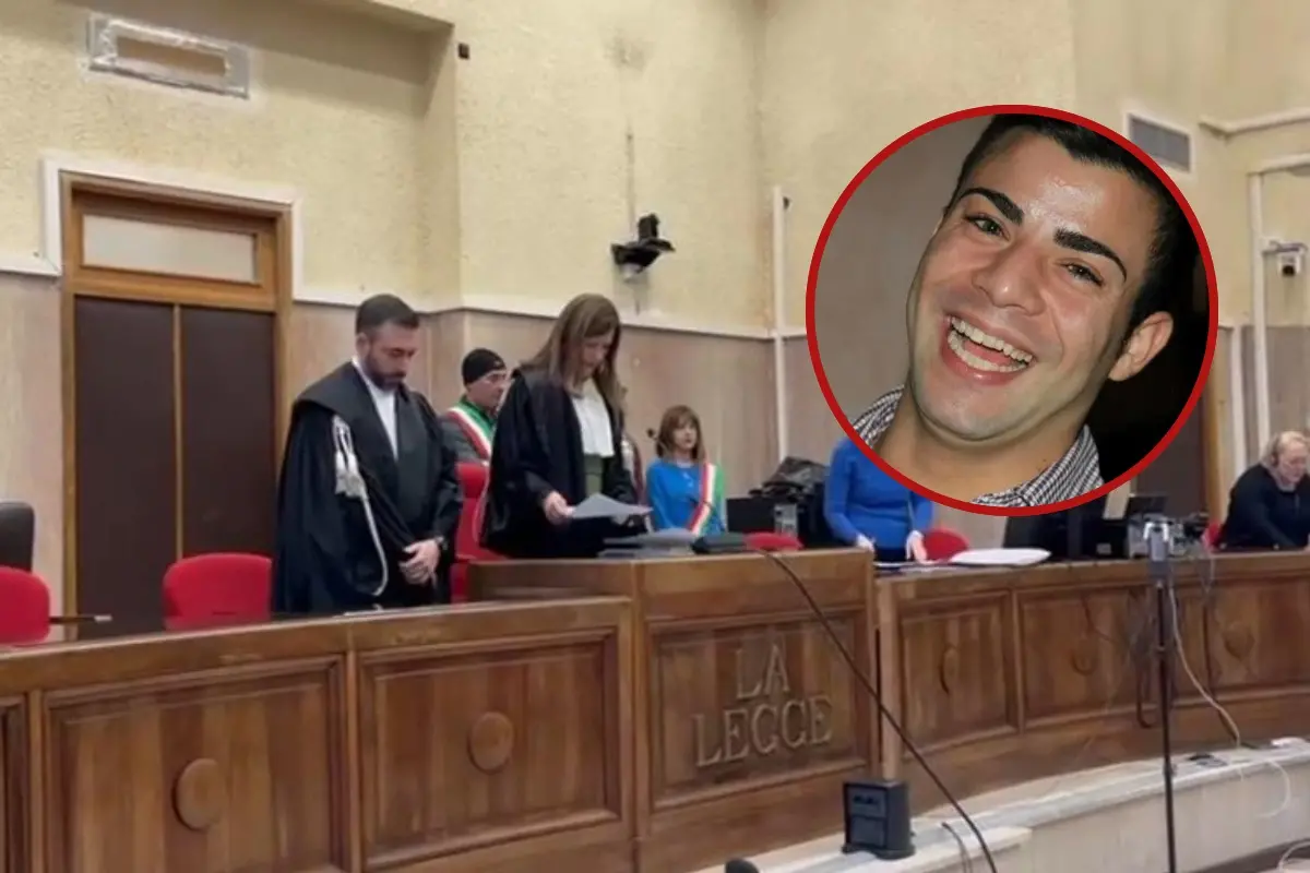 La pronuncia della sentenza e, nel tondo, la vittima Luca Mameli