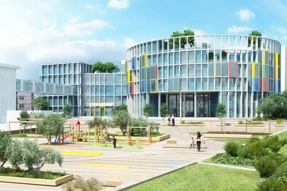 Il rendering del nuovo ospedale di Sassari (foto Calvi)