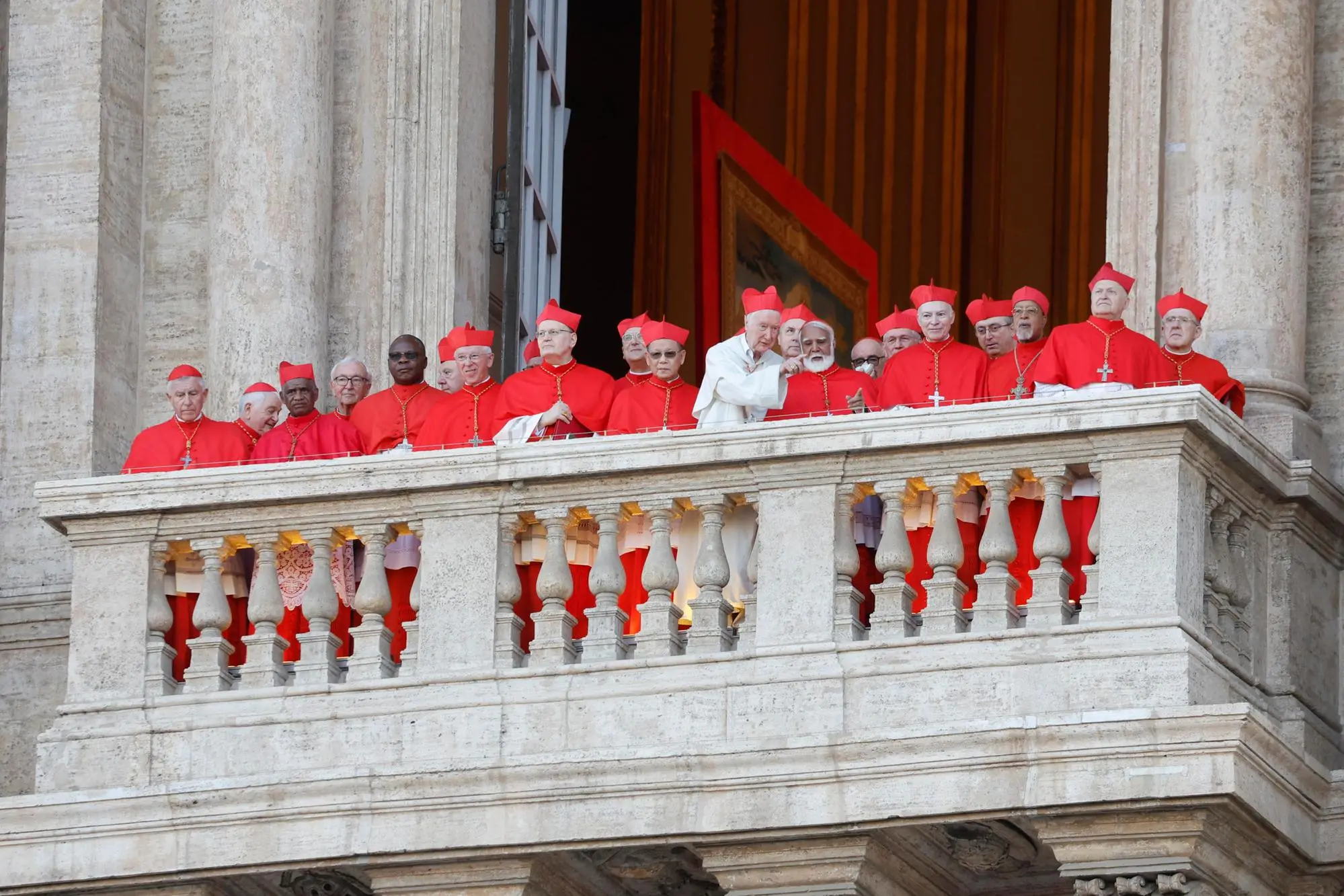 Cardinals look at St, Peter's square moments before Pope Leo XIV appeared on the balcony of St Peter's Basilica after his election, at the Vatican City, 08 May 2025. ANSA/FABIO FRUSTACI