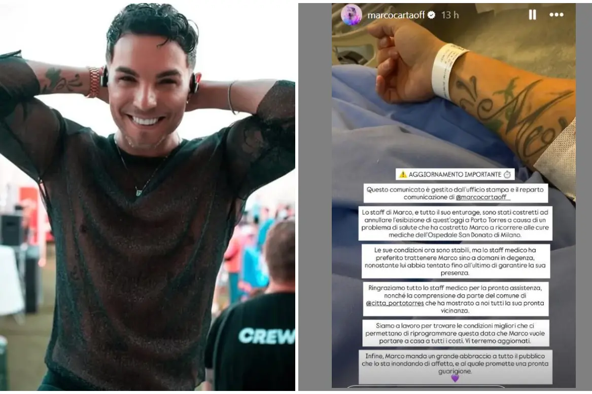 Marco Carta, a destra il messaggio sui social (foto Instagram)