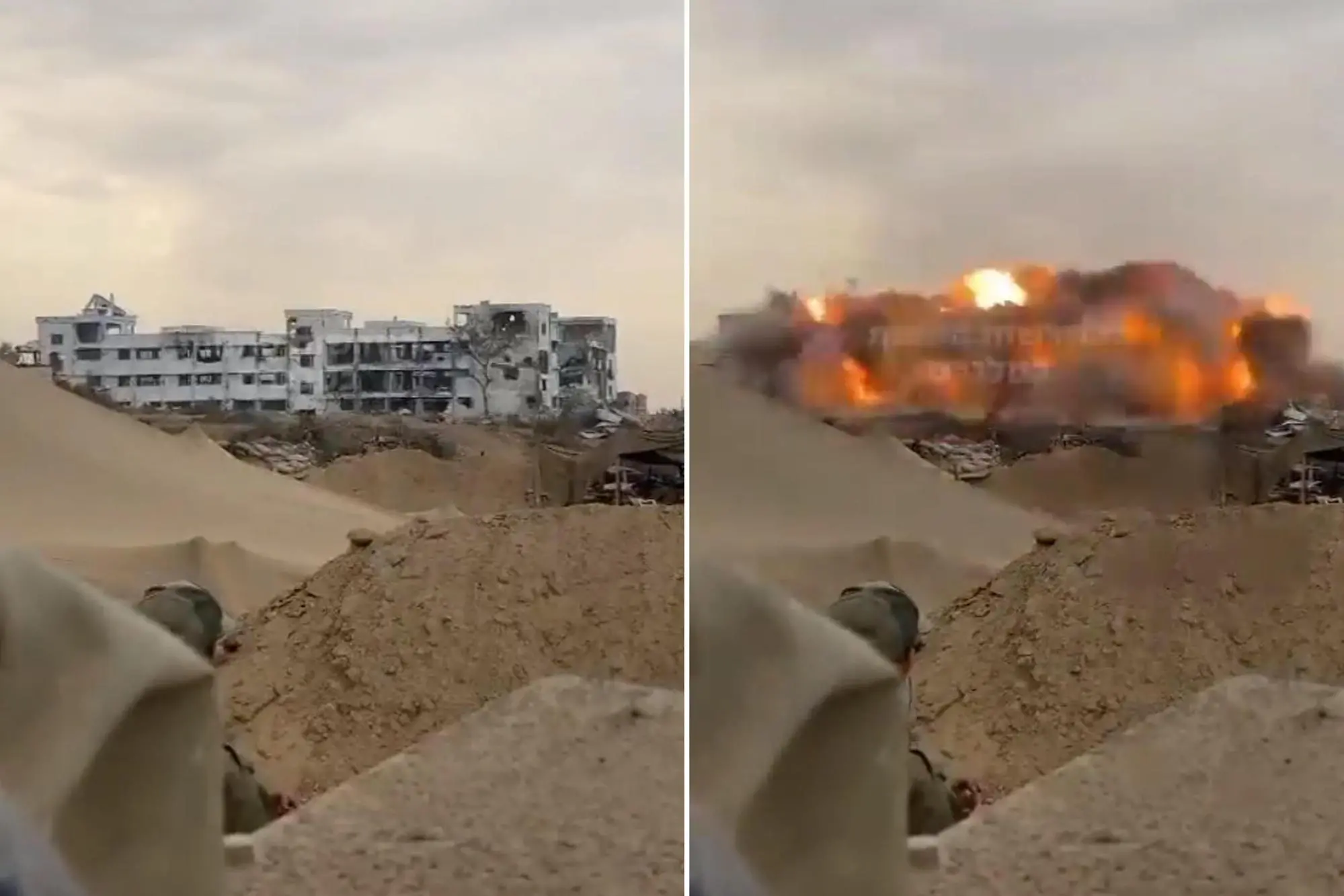 Una combo con i fermo immagine del prima e dopo l'esplosione del palazzo del parlamento di Gaza, utilizzato da Hamas, per mano dell'esercito israeliano (Ansa)