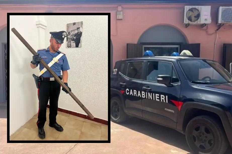 La stazione dei carabinieri di Flumini e, nel riquadro, un militare con la sbarra di ferro