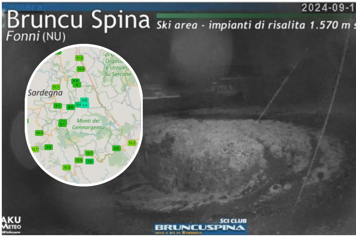 Il Bruncu Spina ieri sera (foto Baku Meteo), nel riquadro le temperature della notte di Sardegna Clima