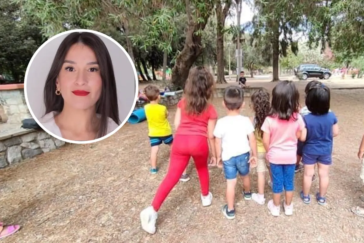 Bambini in un centro estivo e, nel tondo, Camilla Soru