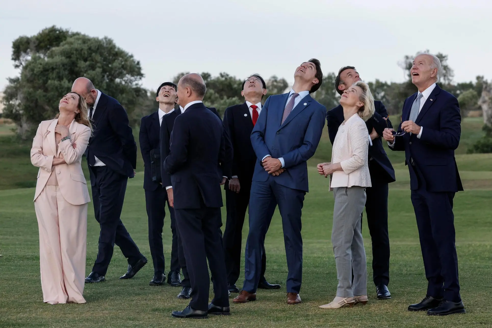 (L-R) Italian Prime Minister Giorgia Meloni, European Council President Charles Michel, German Chancellor Olaf Scholz, Japan's Prime Minister Fumio Kishida, Canada's Prime Minister Justin Trudeau, French President Emmanuel Macron, European Commission President Ursula von der Leyen and U.S. President Joe Biden attend a Flag ceremony during of the G7 Summit in Borgo Egnazia (Brindisi), southern Italy, 13 June 2024. The G7 Borgo Egnazia Summit will be held from 13 to 15 June 2024. ANSA/GIUSEPPE LAMI