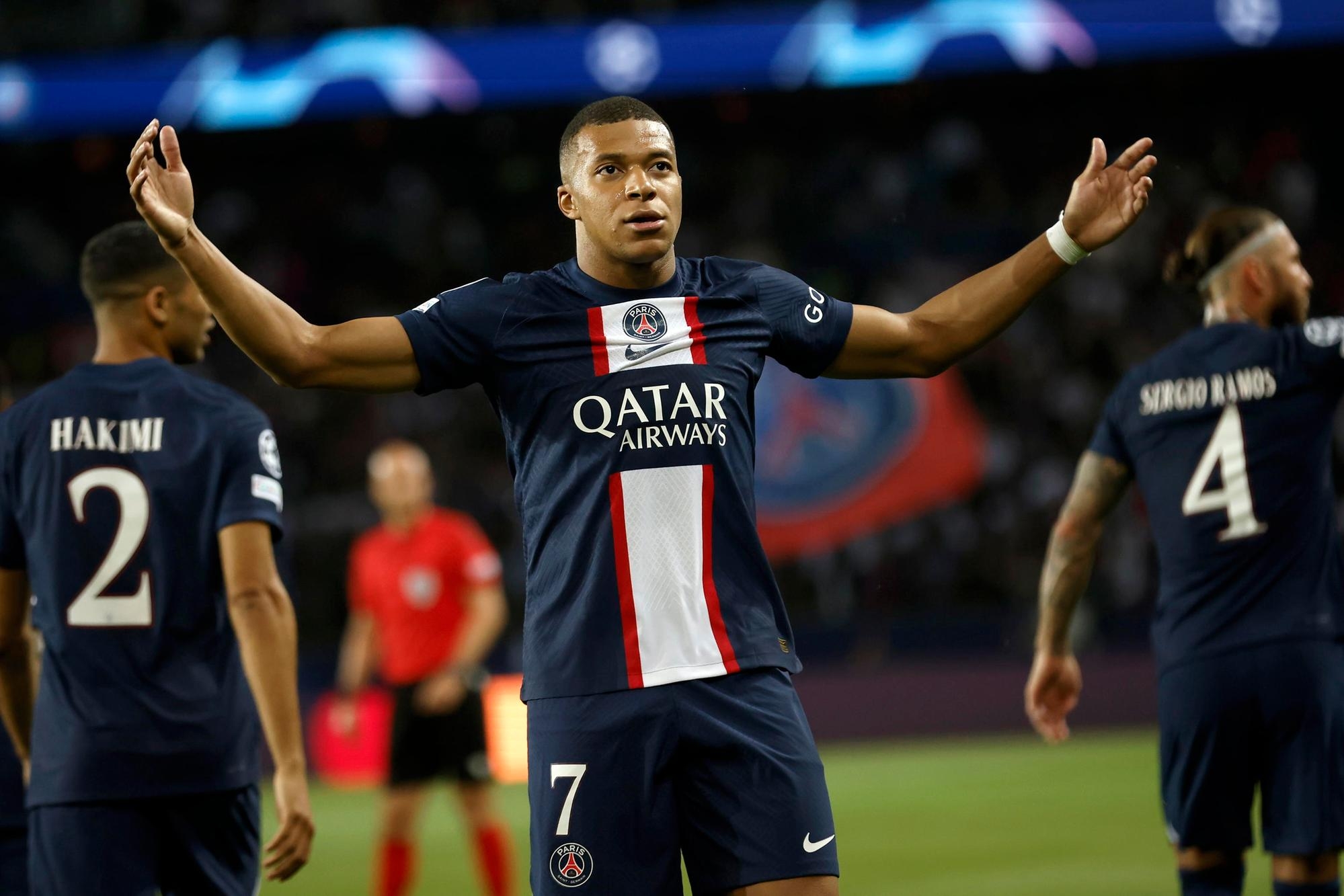 epa10165347 Kylian Mbappe of PSG celebrates after scoring his second goal in the UEFA Champions League first leg group H soccer match between Paris Saint-Germain (PSG) and Juventus FC in Paris, France, 06 September 2022. EPA/Yoan Valat