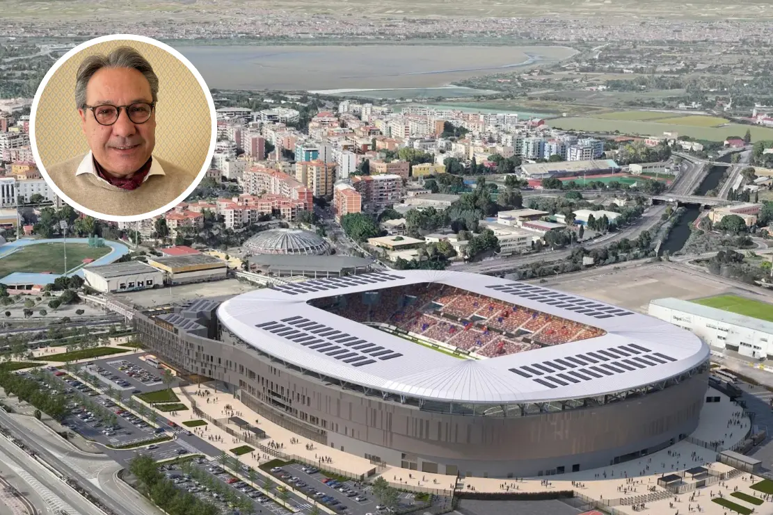 Un'immagine del progetto del nuovo stadio. Nel cerchio Giuseppe Farris