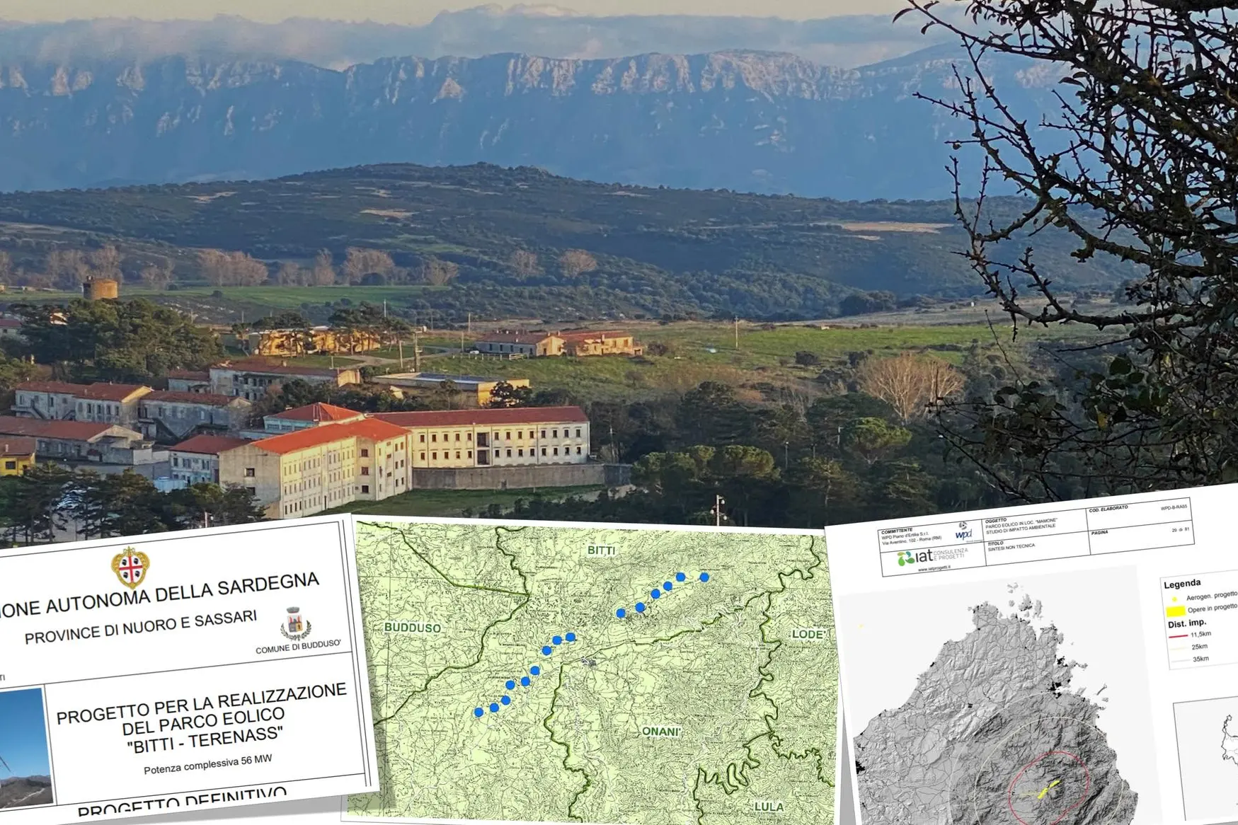 Una veduta dei monti "bianchi" tra Bitti e la colonia penale di Mamone; le mappe dei progetti eolici bocciati dal Ministero (L'Unione Sarda)
