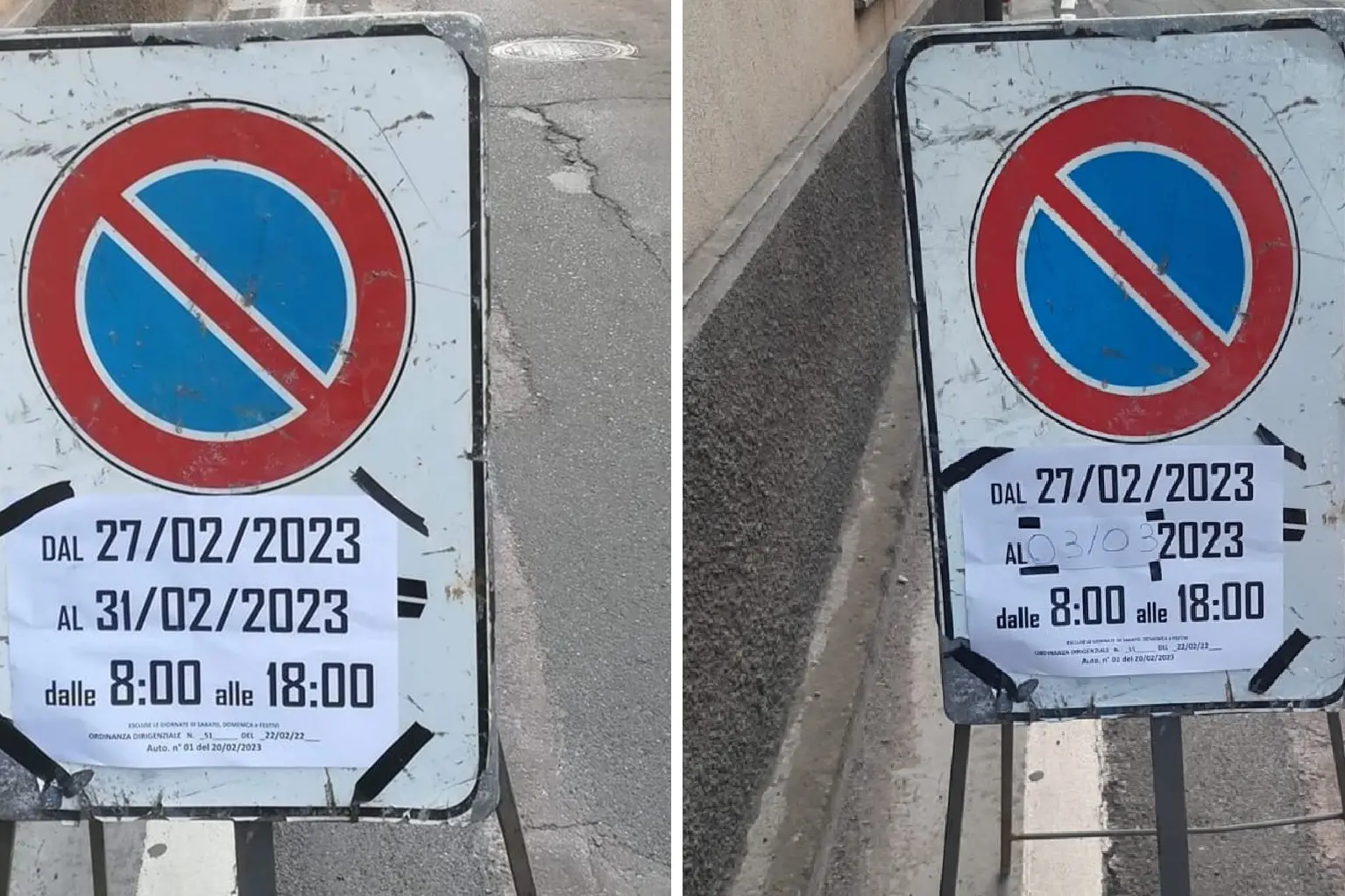 Il cartello di divieto di sosta, prima e dopo (L'Unione Sarda)