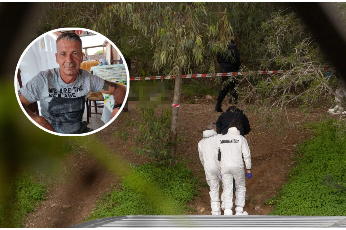 La vittima, Giovanni Musu, che aveva 53 anni e i rilievi nel parco (foto L'Unione Sarda)