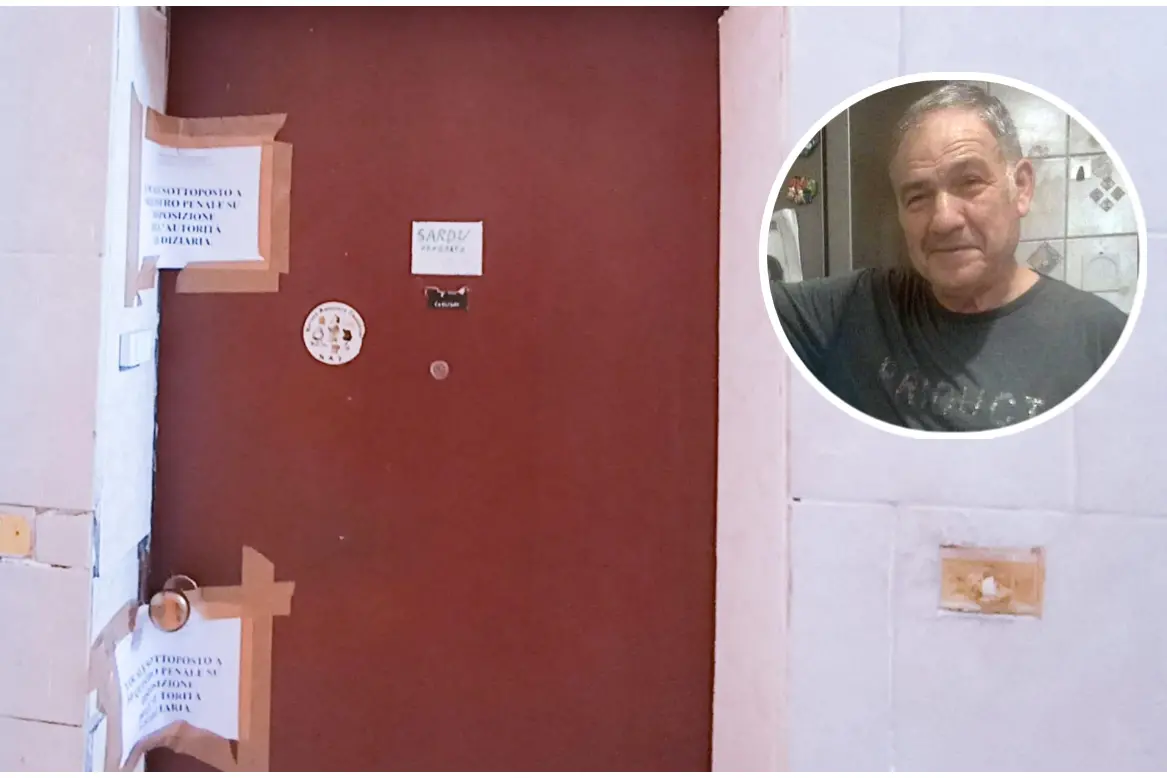 Venerato Sardu e la porta della sua abitazione (L'Unione Sarda e Ungari)