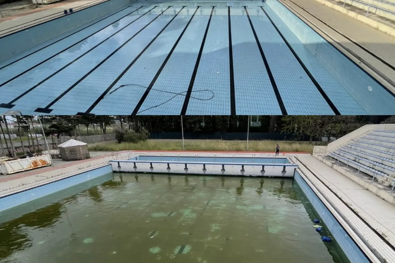 La piscina scoperta di Maria Pia prima e dopo l'intervento (foto Fiori)