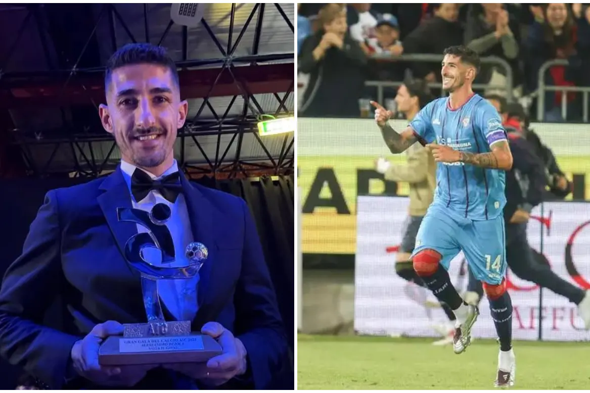 Deiola con il premio (foto Cagliari Calcio), a destra sul campo (foto Ansa)