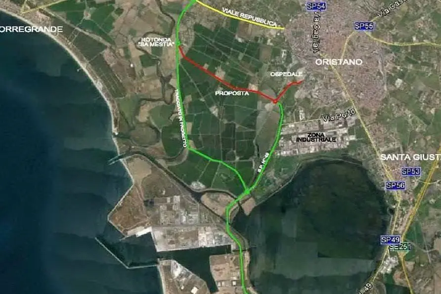 Una veduta aerea del percorso della futura circonvallazione di Oristano