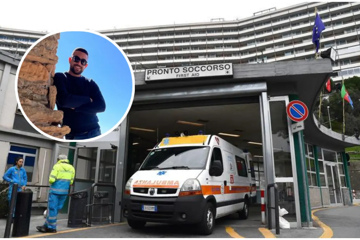 L'ospedale San Martino di Genova (Ansa) e, nel tondo, Mattia Pusceddu (Facebook)