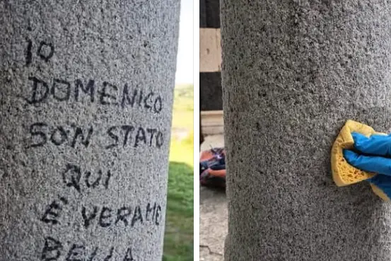 Il "prima e dopo" della colonna della Basilica di Saccargia (foto concessa)