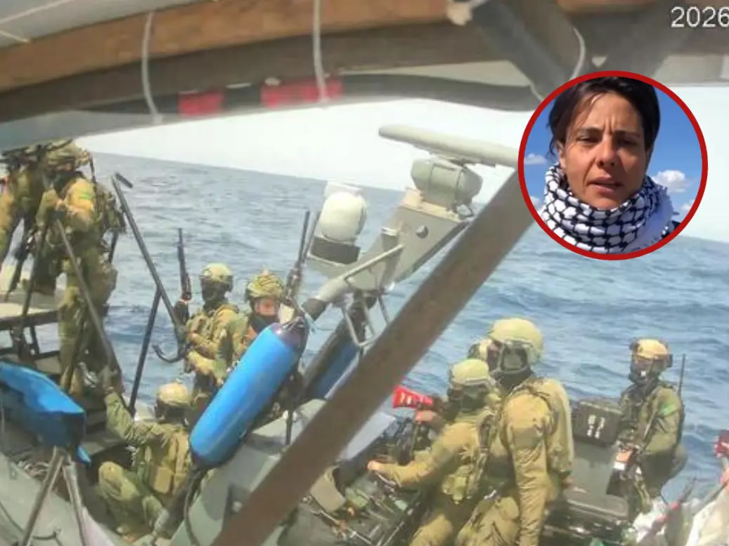 Nello sfondo i militari israeliani, nel cerchio Ilaria Mancosu