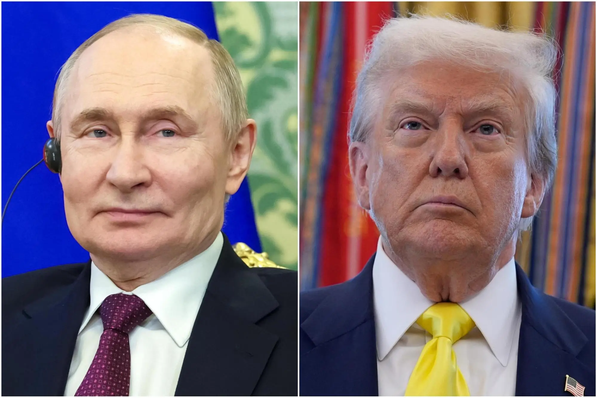 In una combo il presidente russo Vladimir Putin (S) e il presidente americano Donald Trump. ANSA/ ALEXANDER KAZAKOV YURI GRIPAS / POOL