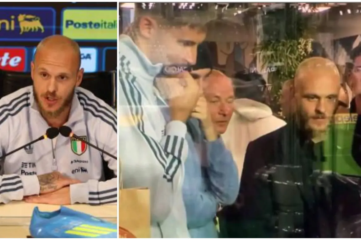 Dimarco a Coverciano, a destra in un frame del video trasmesso dalla Rai