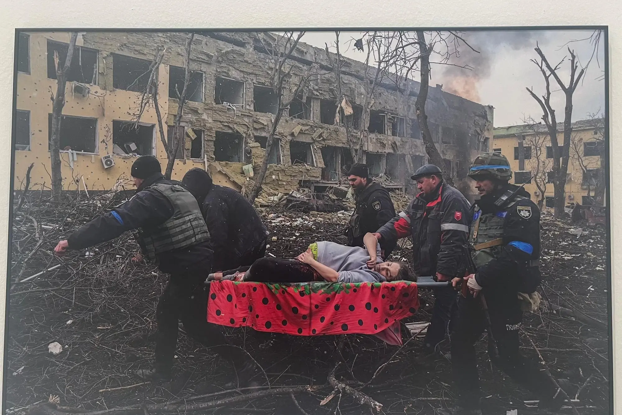 Riproduzione della foto vincitrice del concorso: la donna incinta ferita a morte in Ucraina (foto V. Pinna)