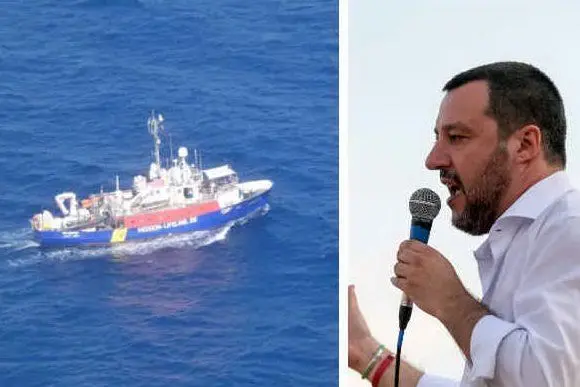 La nave della Ong tedesca Lifeline, a destra Matteo Salvini