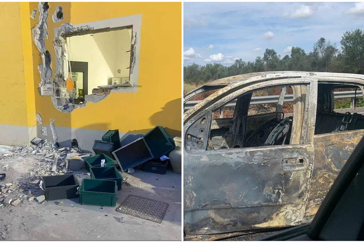 A sinistra i danni della rapina alla Mondialpol di Sassari, a destra una delle auto incendiate nel Brindisino