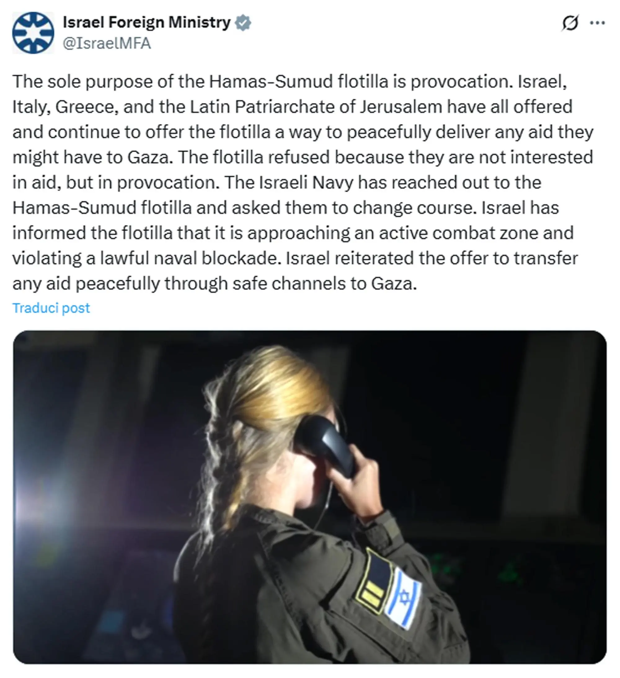 Il post su X del ministero degli Esteri israeliano