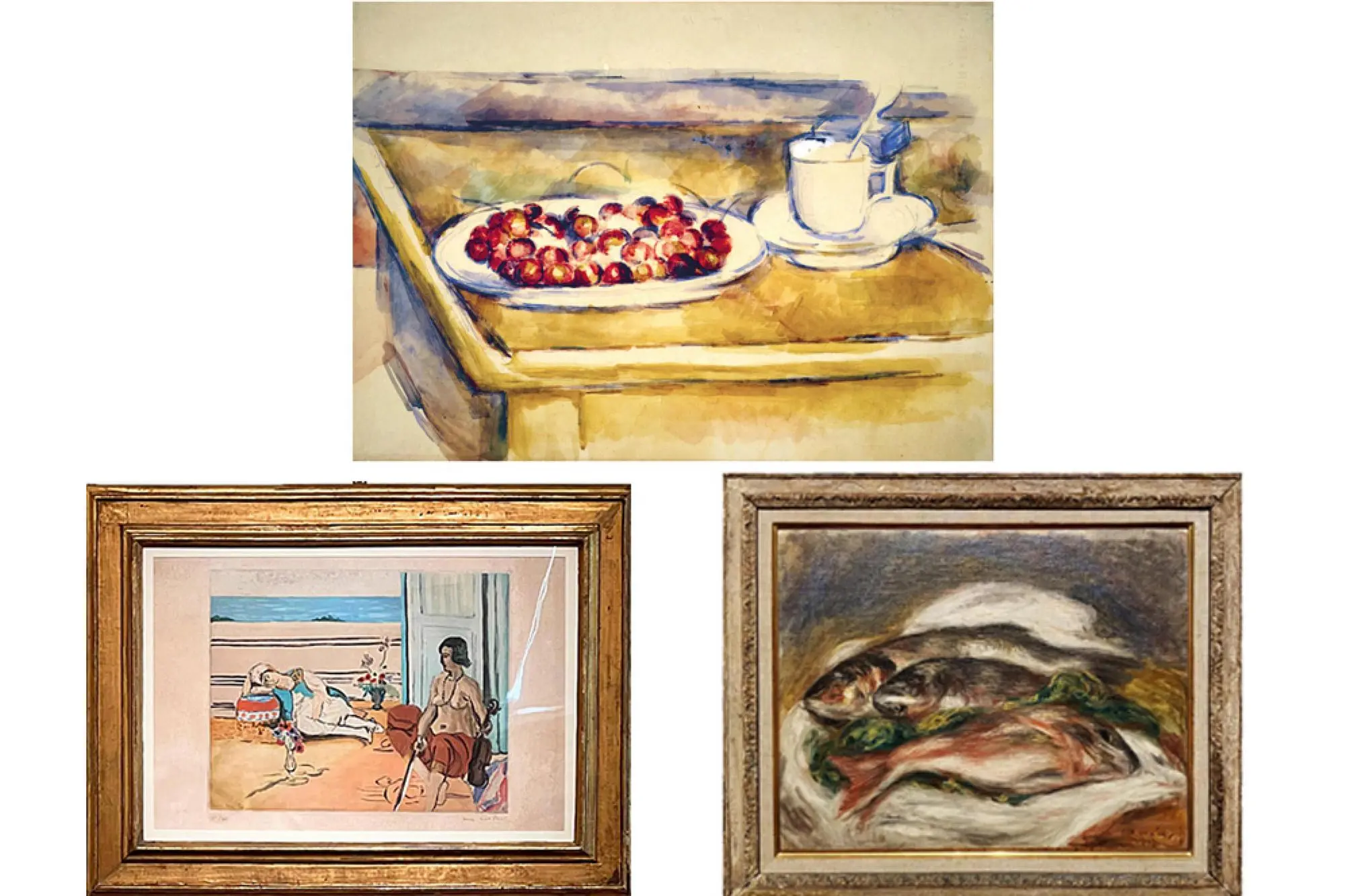I quadri di Renoir, 'Les Poissons' (a destra), Henri Matisse "Odalisca sulla terrazza" (a sinistra) e Paul Cézanne "Natura morta con ciliegie", rubate dalla collezione della Villa dei Capolavori della Fondazione Magnani Rocca di Traversetolo due giorni fa (Ansa)