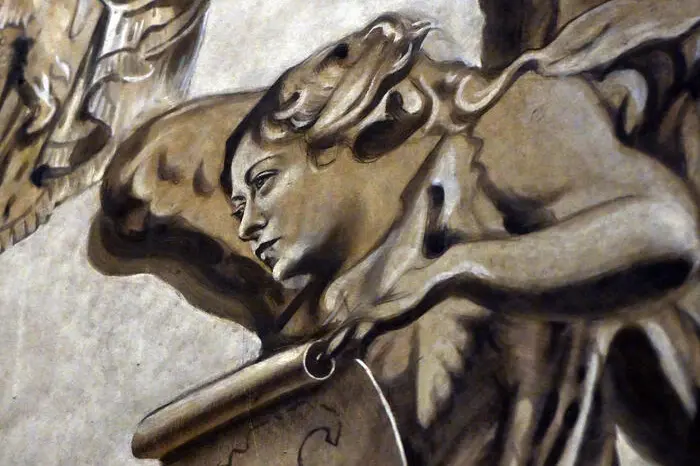 Il cherubino con le fattezze di Giorgia Meloni (ANSA/FABIO CIMAGLIA)