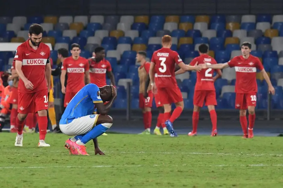 Napoli’s Victor Osimhen shows his dejection after Spartak's Mikhail Ignatov scored the goal during the UEFA Europa League group C soccer match SSC Napoli vs Spartak Moscow at the Diego Armando Maradona stadium in Naples, Italy, 30 September 2021. ANSA/CIRO FUSCO