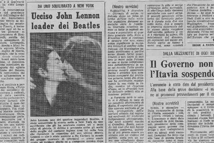 La notizia dell'uccisione di John Lennon sull'Unione Sarda del 10 dicembre 1980