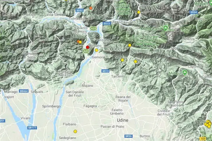 In rosso la zona colpita (Protezione civile, Friuli Venezia Giulia)